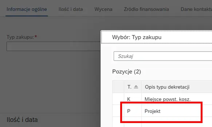 Widok formularza zapotrzebowania w SAP z polem „Typ zakupu” i wybraną opcją P