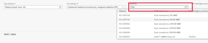 Pole „Materiał” w SAP z rozwiniętą listą podpowiedzi podczas wpisywania nazwy materiału.