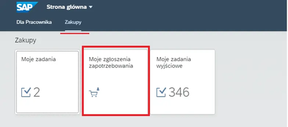 Widok sekcji Zakupy w systemie SAP z kafelkiem „Moje zgłoszenia zapotrzebowania”.