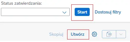 Widok listy zapotrzebowań w SAP z przyciskami „Start” i „Utwórz”.