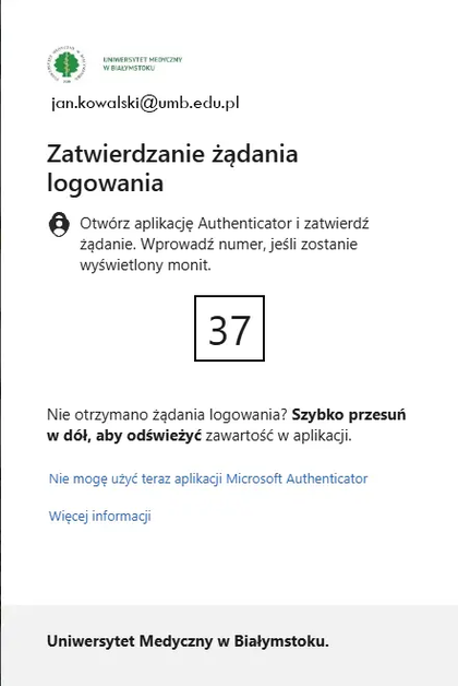 Okno uwierzytelniania dwuskładnikowego wyświetlane po wpisaniu loginu i hasła.