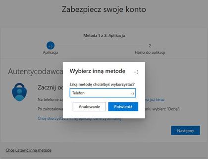 Okienko z wyborem opcji autentykacji