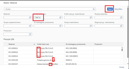 Okno wyszukiwania materiałów w SAP z wpisanym fragmentem nazwy pomiędzy znakami gwiazdki.