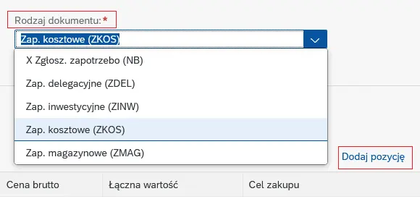 Widok formularza zapotrzebowania w SAP z zaznaczonym przyciskiem „Dodaj pozycję”.