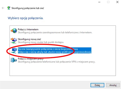 Opcja Ręczne nawiązywanie połączenia z siecią bezprzewodową.