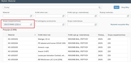 Widok wyboru grupy po podaniu numeru produktu