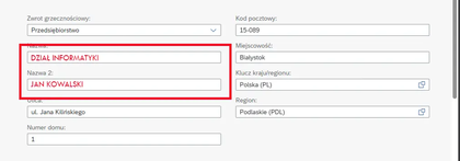 Widok formularza danych dostawy w SAP z aktywnymi polami „Nazwa 1” i „Nazwa 2”.
