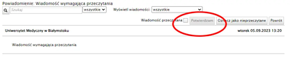 Widok otwartej wiadomości z polem do zaznaczenia oraz przyciskiem „Potwierdzam”.