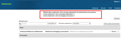Baner informujący o wiadomościach wymagających potwierdzenia przeczytania