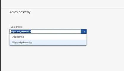 Widok sekcji danych dostawy w SAP z polem „Typ dostawy” ustawionym na „Wpis użytkownika”